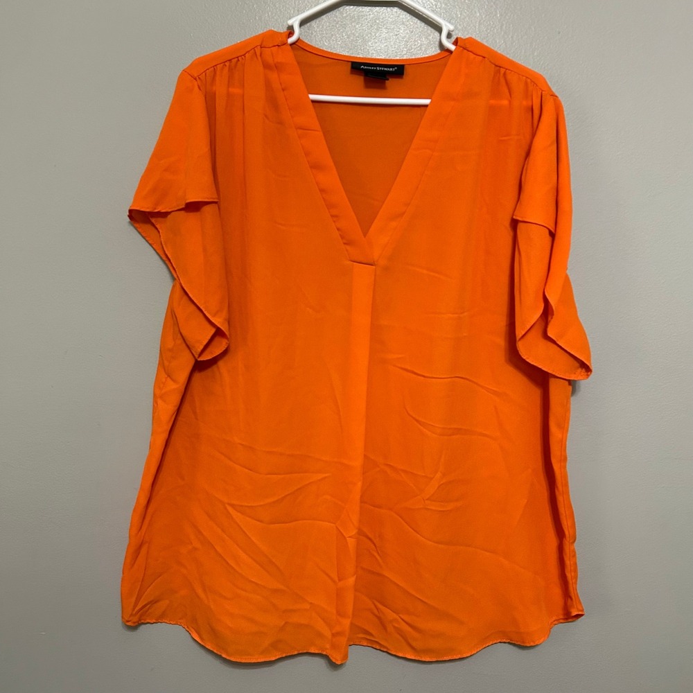 Ashley Stewart Blouse 18/20 Orange Flutter Sleeve V-Neck Pleated Bold Boho Chic